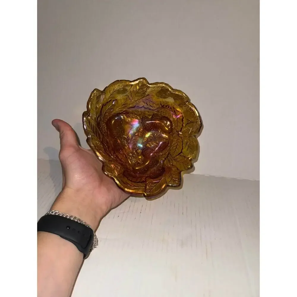 Imperial Glass Blackberry Leaf Marigold Iridescent Amber Carnival Glass 8